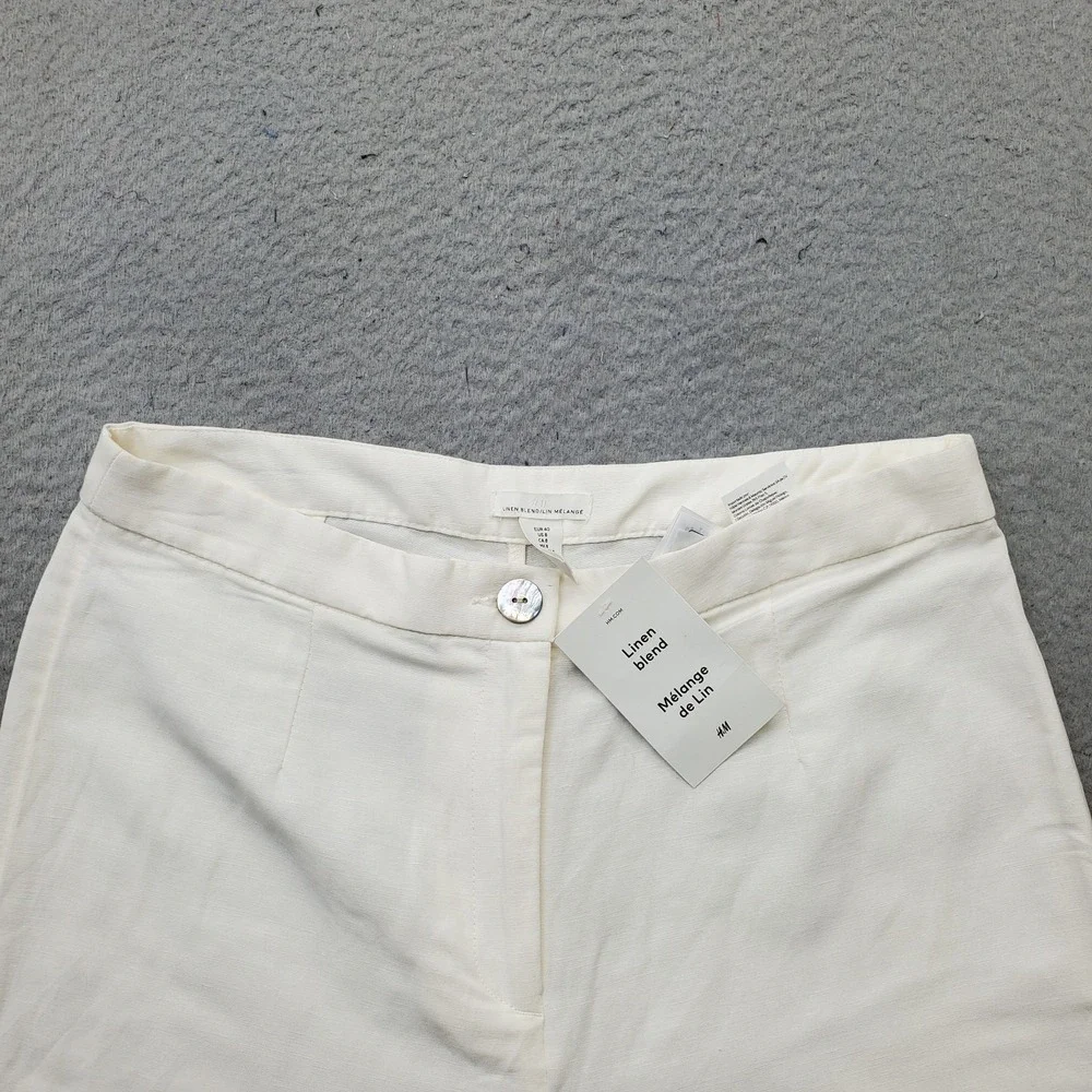 H&M Wide Leg Pants Womens 8 White Linen Blend Melange Flowy Chic Mid Rise